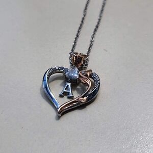 Silver Rose Gold Tone Initial A Heart Pendant Necklace Crystal Flower